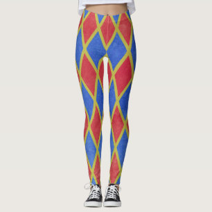 Leggings Arlequin géométrique rouge et bleu motif diamant