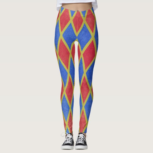 Leggings Arlequin géométrique rouge et bleu motif diamant (Devant)