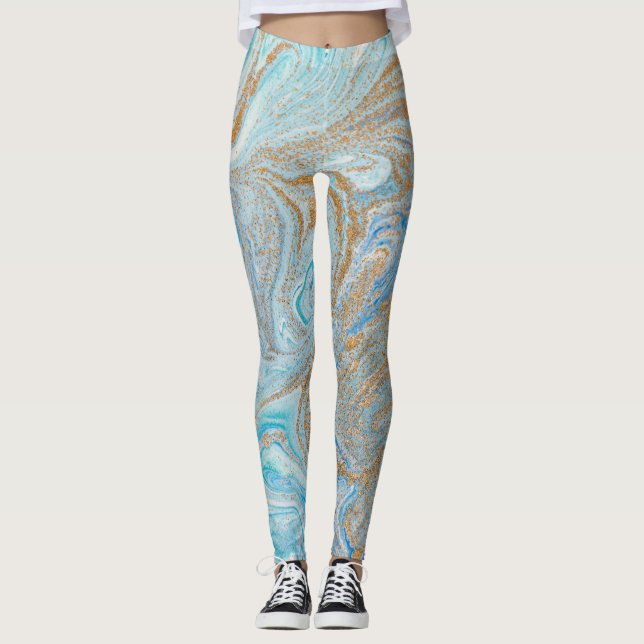 Leggings Arrière - plan acrylique en marbre, bleu avec bril (Devant)