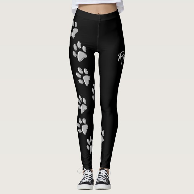 Leggings Arrière - plan noir Silver Dog Paws Motif d'impres (Devant)