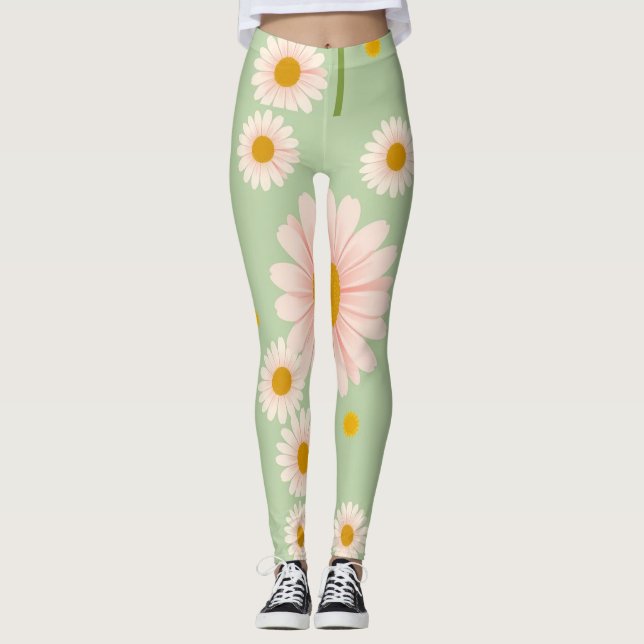 Leggings Arrière - plan vert pâle avec marguerites roses (Devant)