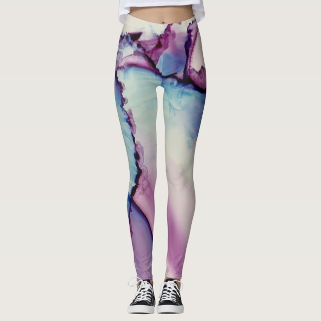 Leggings Art Abstrait à l'Encre Alcoolique Rose Violet Bleu (Devant)