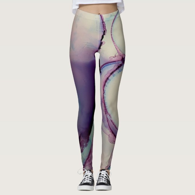 Leggings Art abstrait à l'encre d'alcool Rose Violet Bleu B (Devant)