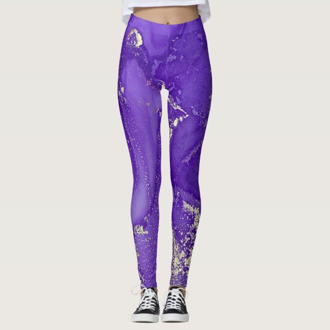 Leggings Art abstrait à l'encre d'alcool violet et argent o (Devant)
