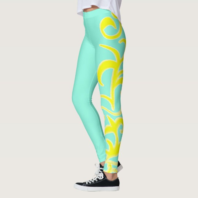 Leggings Art Abstrait Dessin à la Main Jaune Turquoise (Gauche)