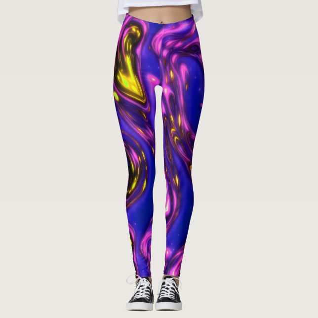 Leggings Art Abstrait Liquide Purple & Jaune (Devant)