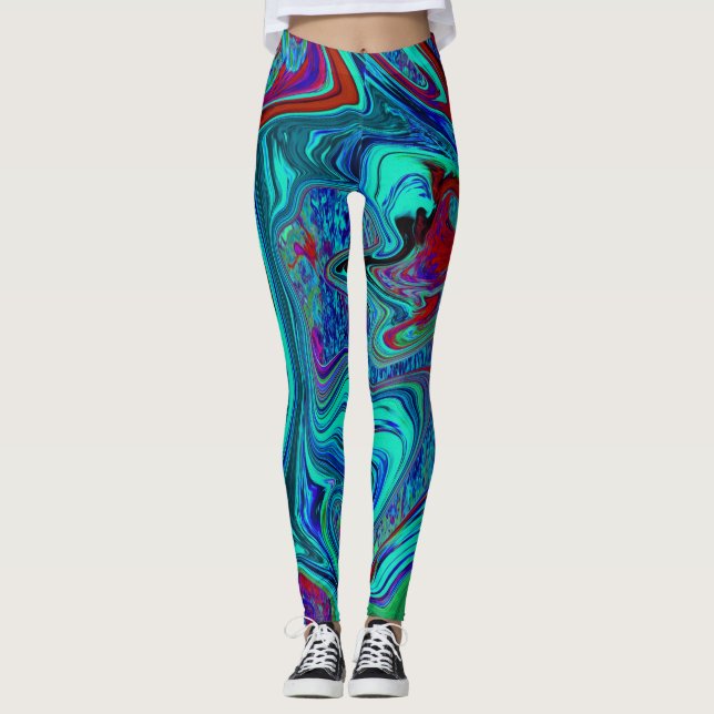 Leggings Art abstrait rétro funky en bleu et rouge (Devant)