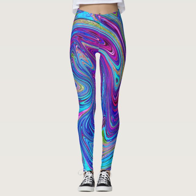 Leggings Art Abstrait Rétro Groovy Bleu, Rose et Violet (Devant)