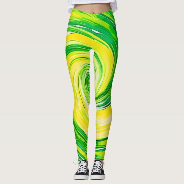 Leggings Art abstrait vert jaune en spirale (Devant)