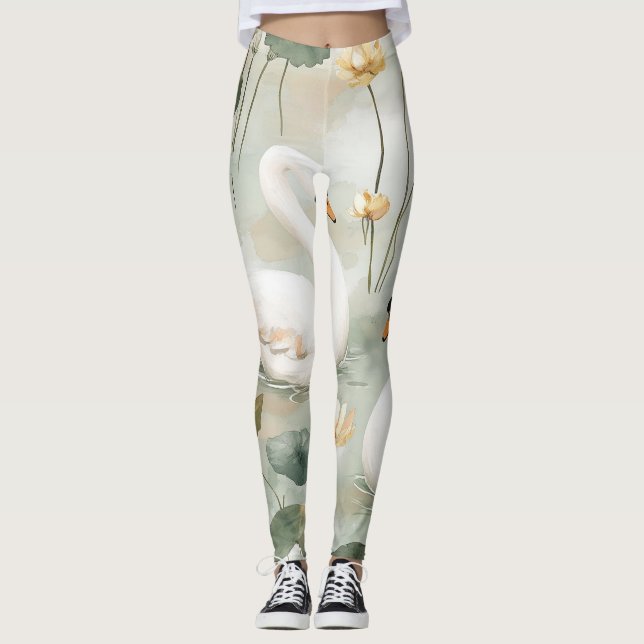 Leggings Art de l'aquarelle Cygne Blanc et Nénuphar de Luxe (Devant)
