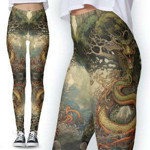 Leggings Art de tatouage de dragon d'arbre chinois vert et
