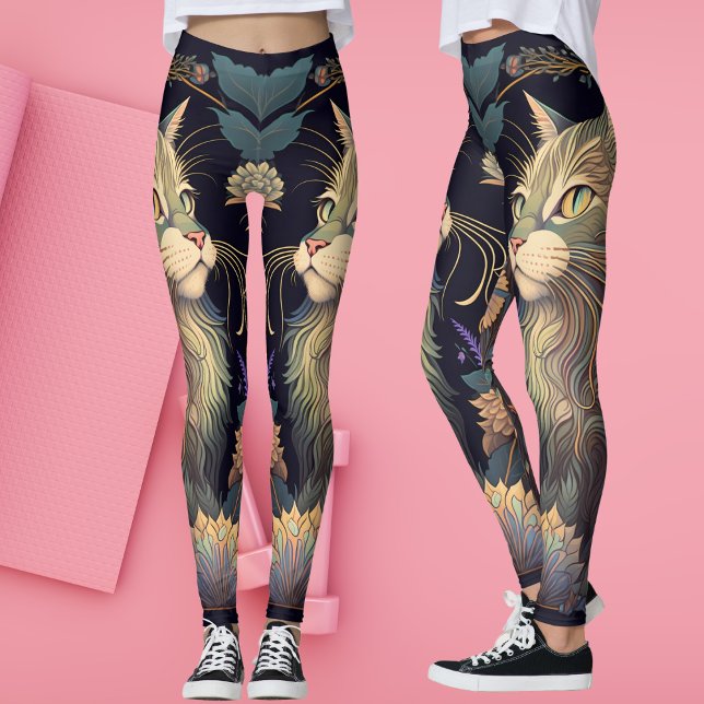Leggings Art Déco Dusty Amoureux des chats Rose Yoga (Art Deco Cat Lover Yoga  Leggings)