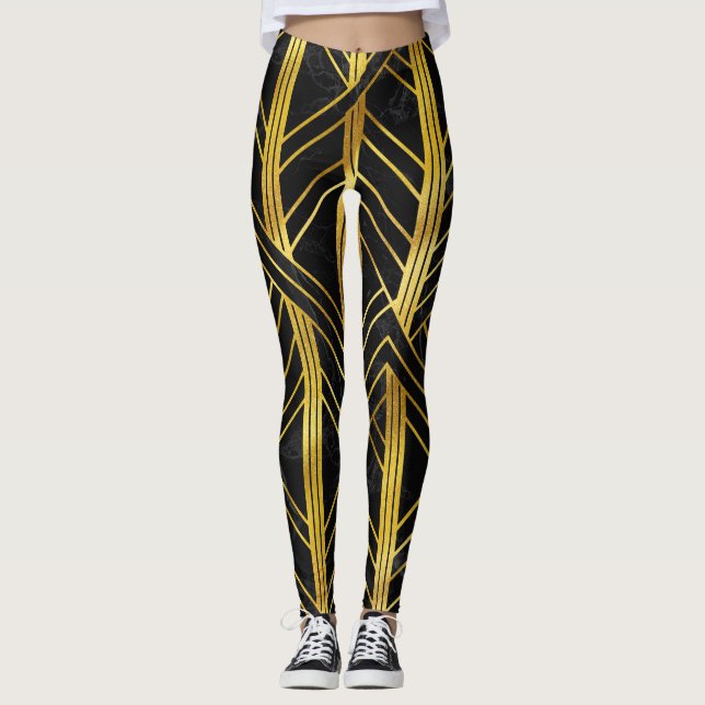 Leggings Art déco géométrique doré sur marbre noir (Devant)