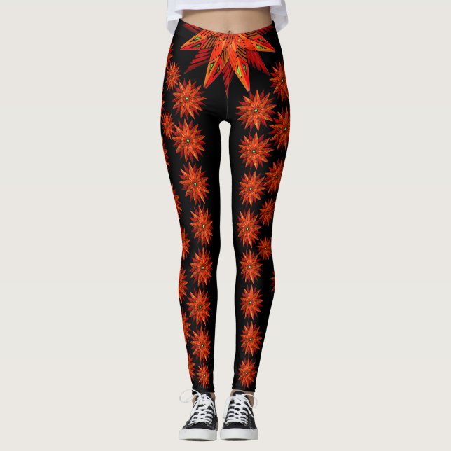 Leggings Art Deco Noël Poinsettia Rouge sur Fond Noir (Devant)