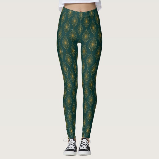 Leggings Art Déco Vert avec Parties scintillant d'or Leggin (Devant)