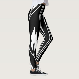 Leggings Art Déco Vintage noir & blanc rayures et fleurs