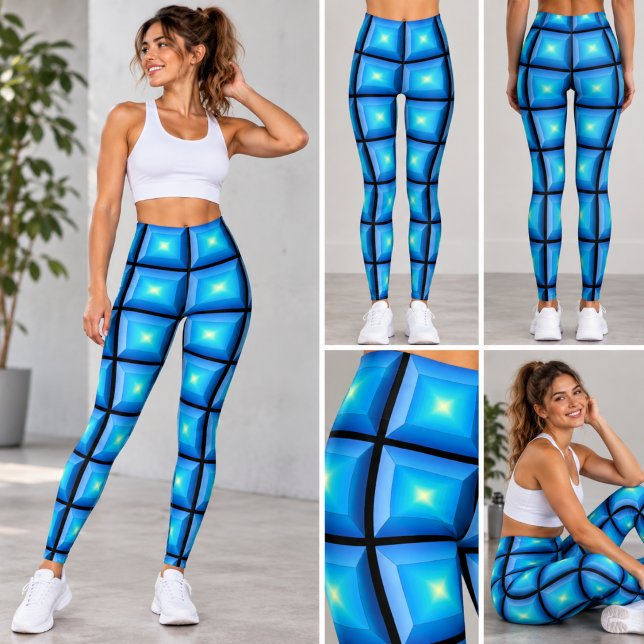 Leggings Art d'illusion optique de grille géométrique bleue (Créateur téléchargé)