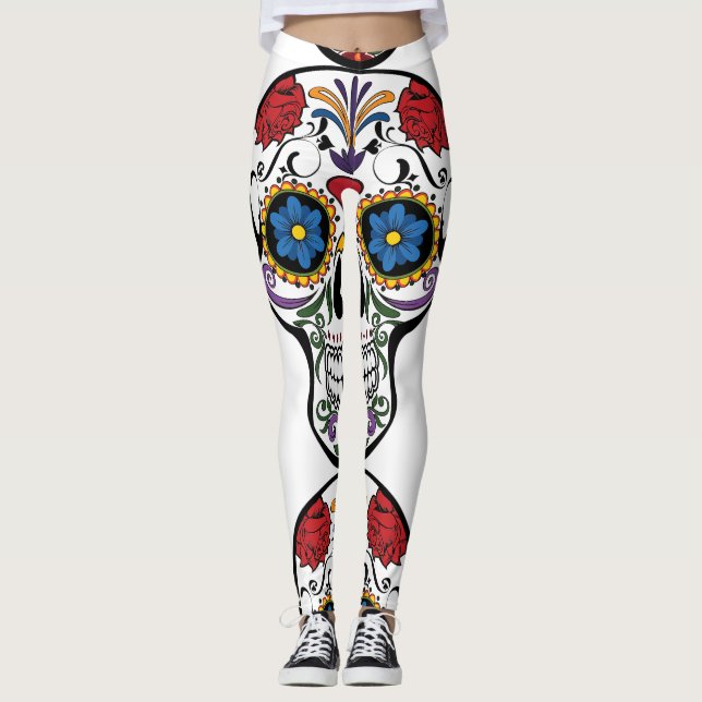 Leggings Art du crâne humain décoré de fleurs Thunder_Cove (Devant)