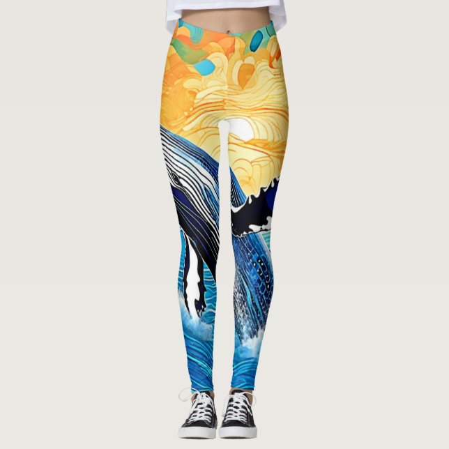 Leggings Art du saut du coucher de soleil pour les baleines (Devant)