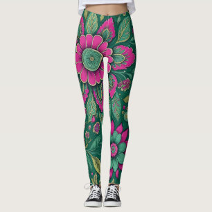 Leggings Art Floral Classique Rose Vert Vintage