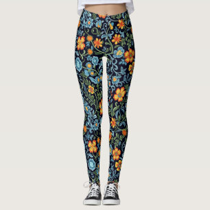Leggings Art floral complexe : Fleurs bleues et orange 