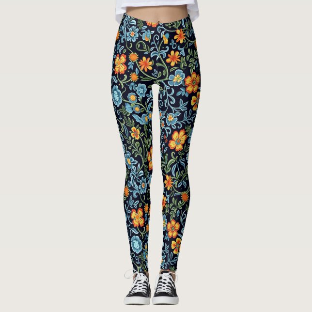 Leggings Art floral complexe : Fleurs bleues et orange  (Devant)