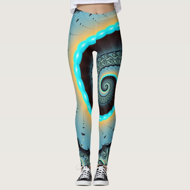 Leggings Art fractal abstrait bleu turquoise orange en spir (Devant)