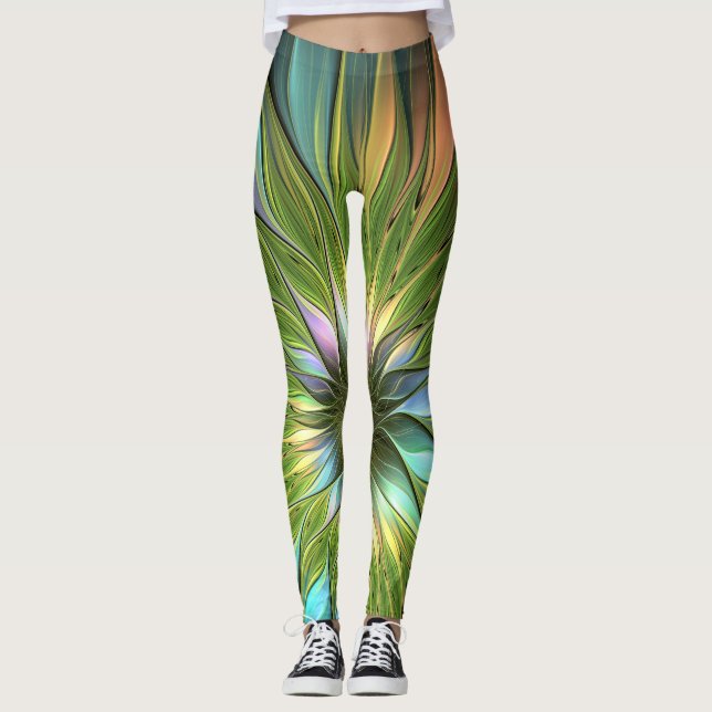 Leggings Art Fractal Fleur Imaginaire Coloré Lumineux (Devant)