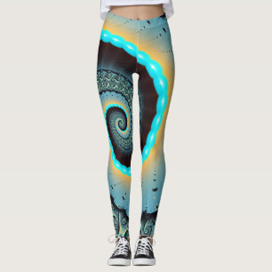 Leggings Art fractal spirale abstrait bleu turquoise orange