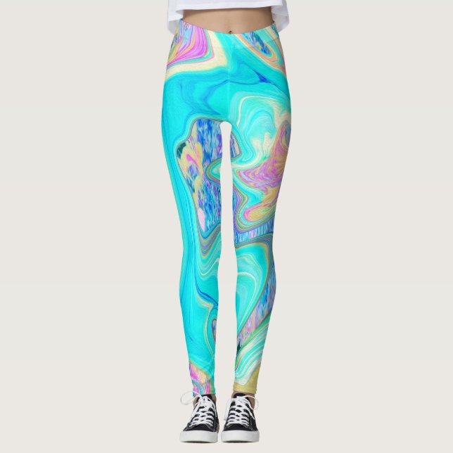 Leggings Art Liquide Bleu Aqua Rétro sur Hydrangeas Abstrai (Devant)