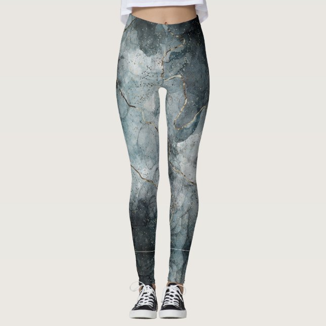 Leggings Art Moderne Abstrait Marbré Gris Bleu Brouillard  (Devant)
