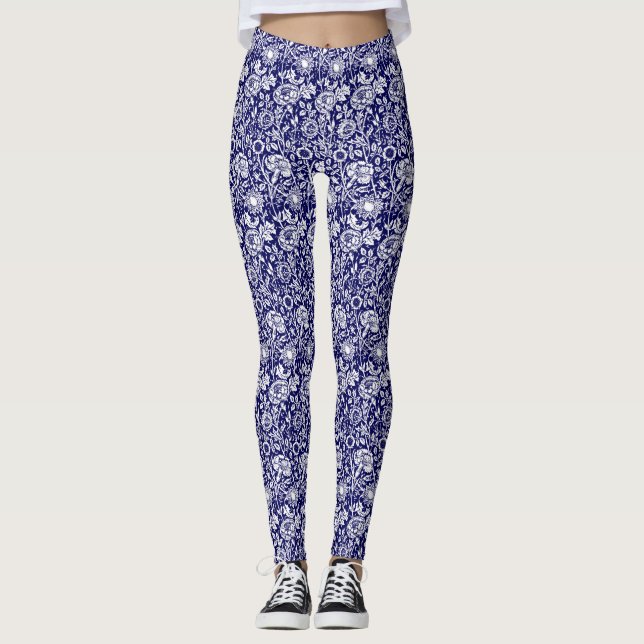 Leggings Art Nouveau Carnation Damask, Indigo Bleu & Blanc (Devant)