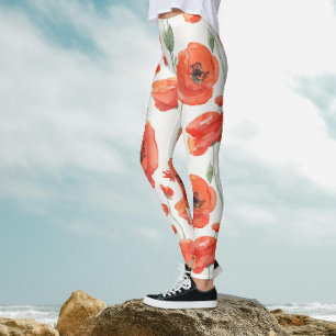Leggings Art Rouge Et Blanc Aquarelle Poppy Motif Floral