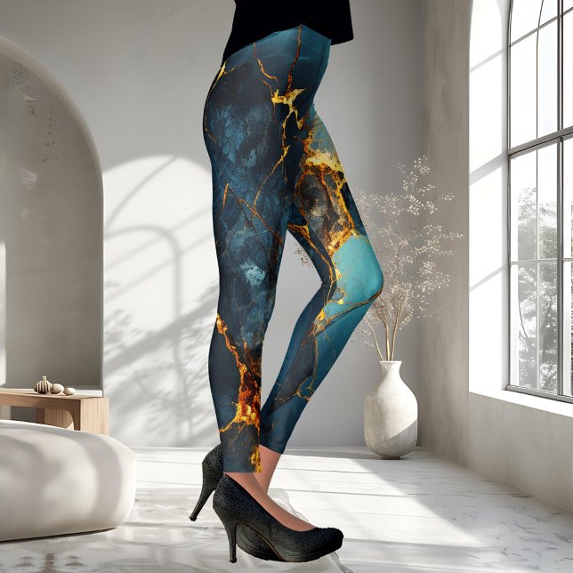 Leggings Artiste Veiné Abstrait Ocher Bleu (Leggings featuring an abstract veined design in teal blue and warm ocher.)