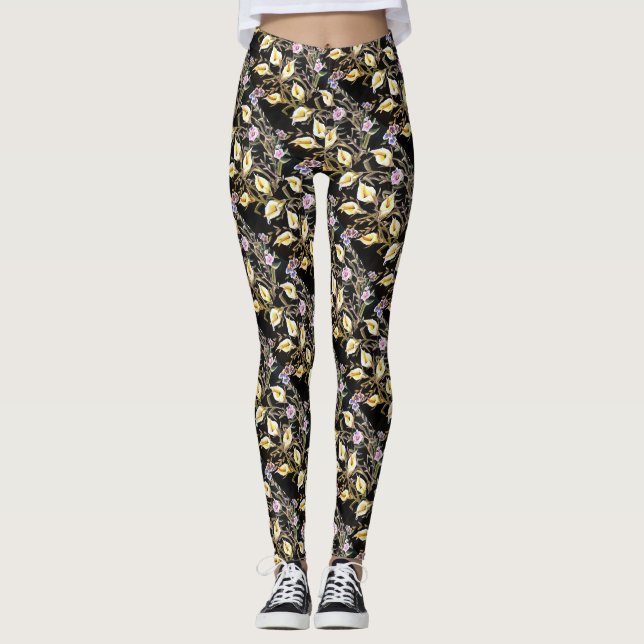 Leggings Arum Lily Design Floral Artistique Sur Noir (Devant)