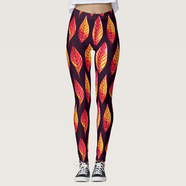 Leggings Automne Laisse Motif En Rouge Foncé Et Jaune (Devant)