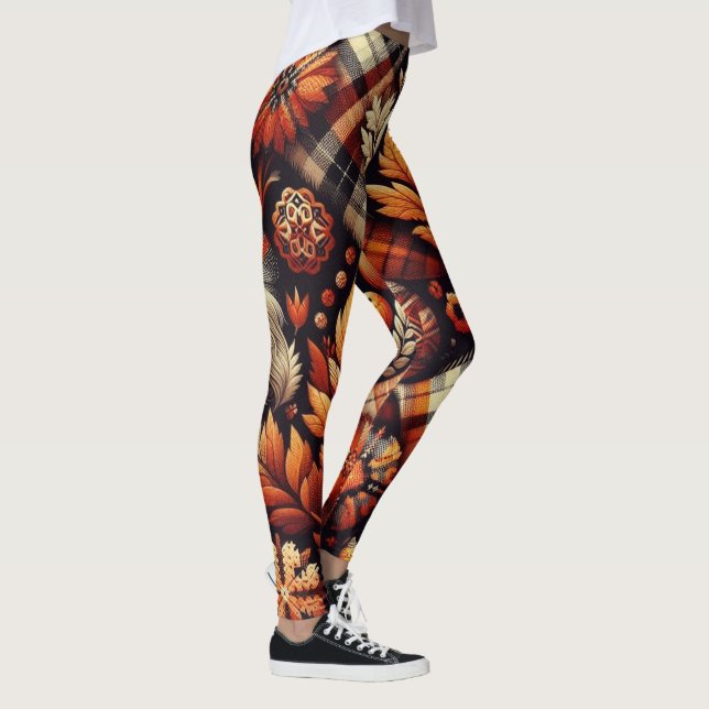 Leggings Automne Plaid Feuilles Orange Noir Beige (Droite)