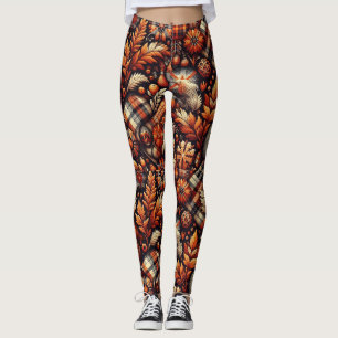 Leggings Automne Plaid Feuilles Orange Noir Beige