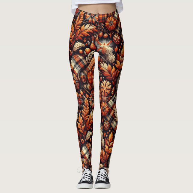 Leggings Automne Plaid Feuilles Orange Noir Beige (Devant)