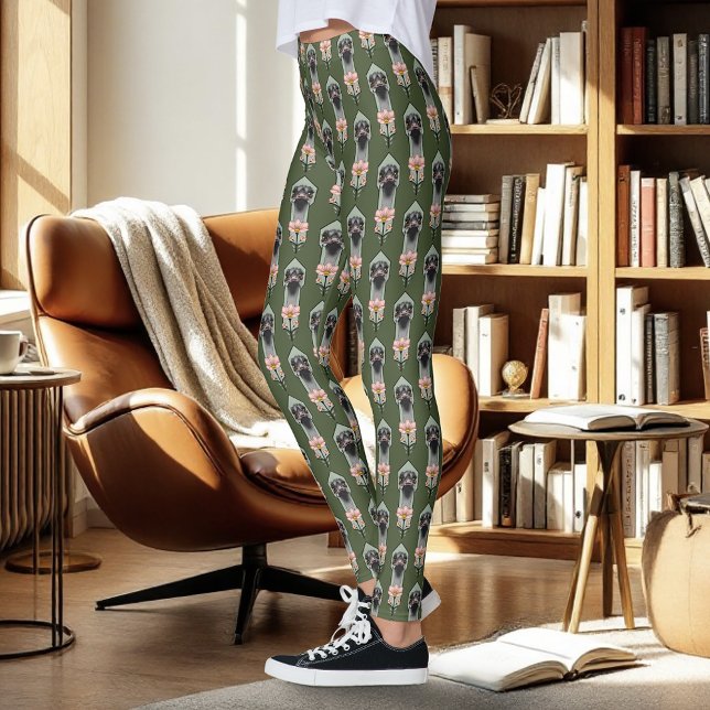 Leggings Autruche Rose Fleurs Vert Olive Art Déco (Créateur téléchargé)