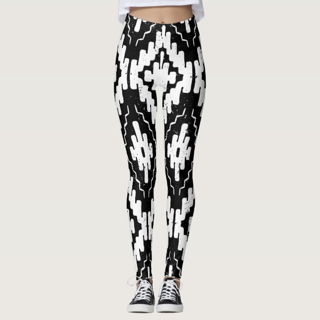 Leggings Aztec Black-White : Vintage Ethnic Print. (Devant)