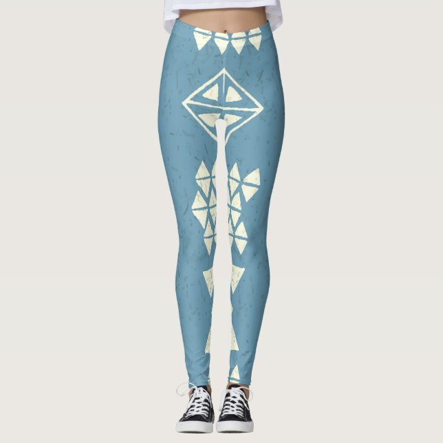 Leggings Aztec Ethnique : Bleu Géométrique Sans Mer. (Devant)