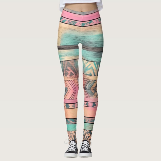 Leggings Aztec Sud-Ouest Bleu Et Tribal Rose (Devant)