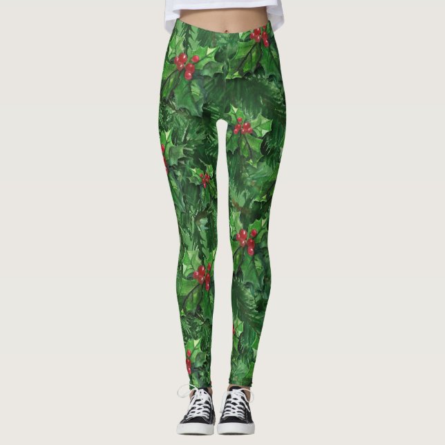 Leggings Baies de houx de Noël à l'aquarelle (Devant)