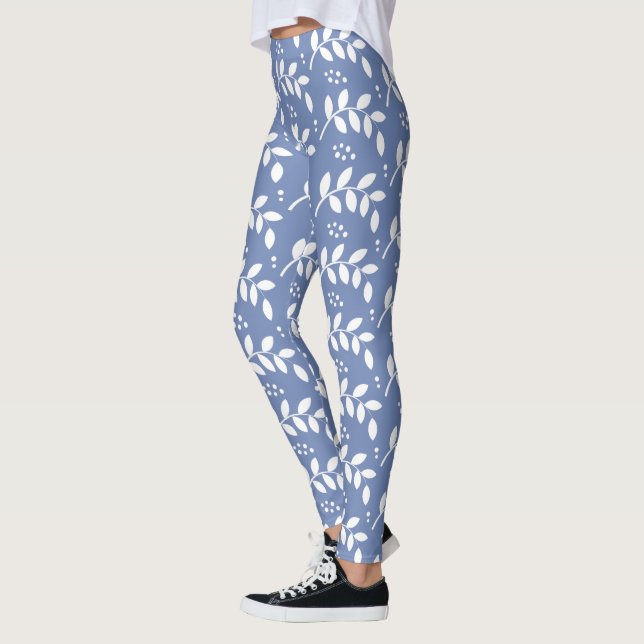 Leggings Baies élégantes et branches bleues et blanches (Gauche)