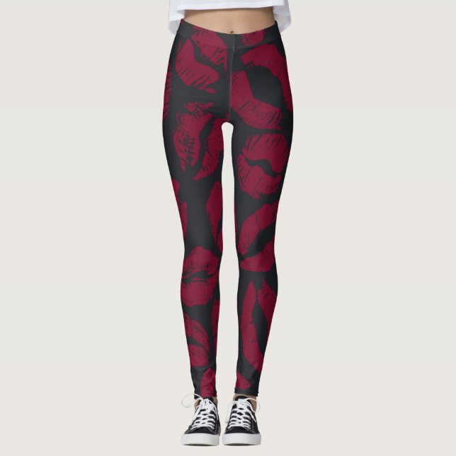 Leggings Baisers en bâton à lèvres : empreintes rouges fonc (Devant)