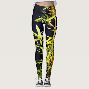 Leggings Bambou Foliage Art Tropical Sur Noir