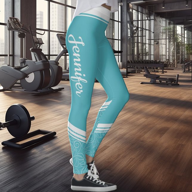 Leggings Bandes blanches fleuries turquoise & nom moderne (Créateur téléchargé)