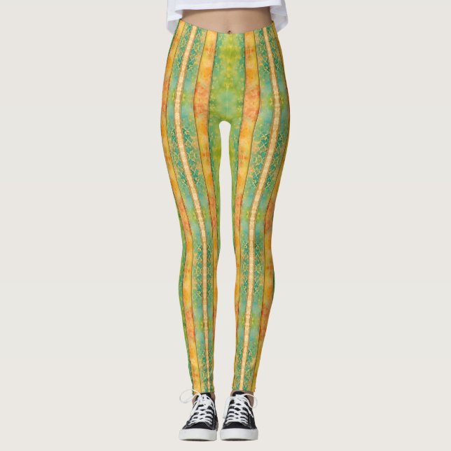 Leggings Bandes d'aquarelle vert et abricot (Devant)