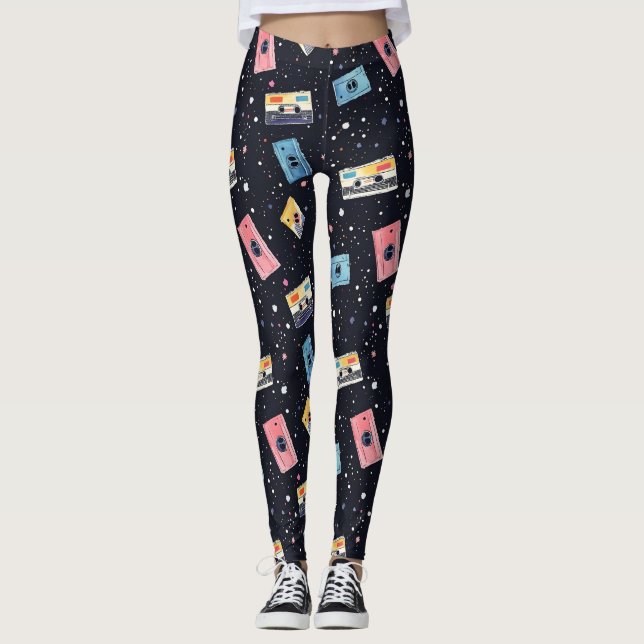 Leggings Bandes de cassettes rétro dans l'espace cosmique (Devant)
